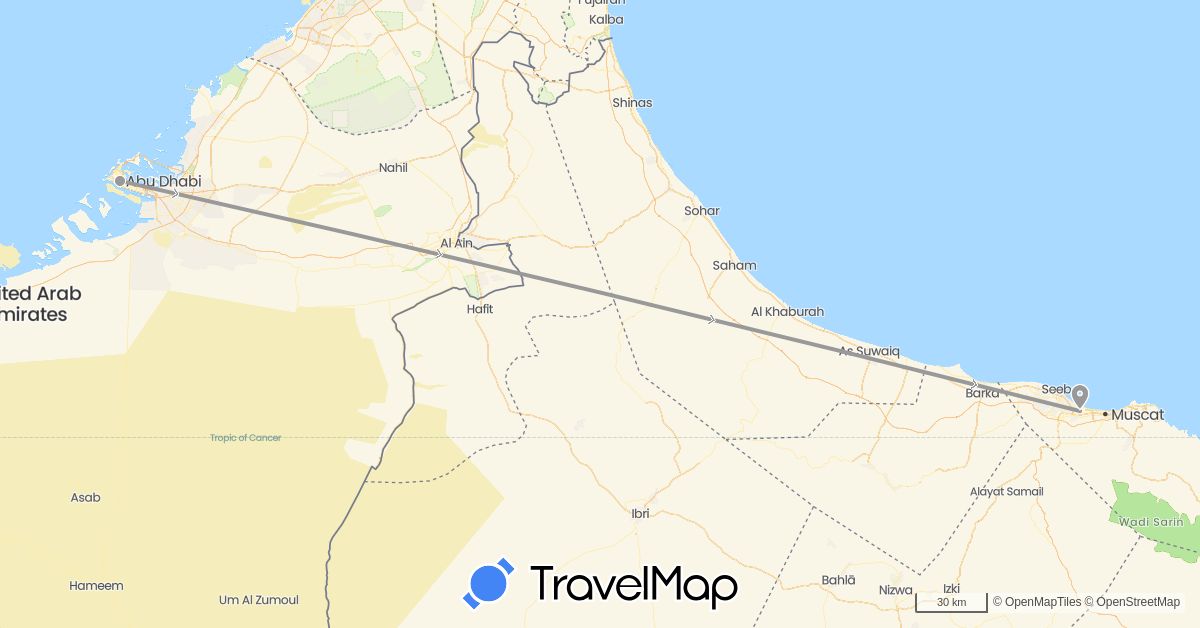 TravelMap itinerary: plane in United Arab Emirates, Oman (Asia)